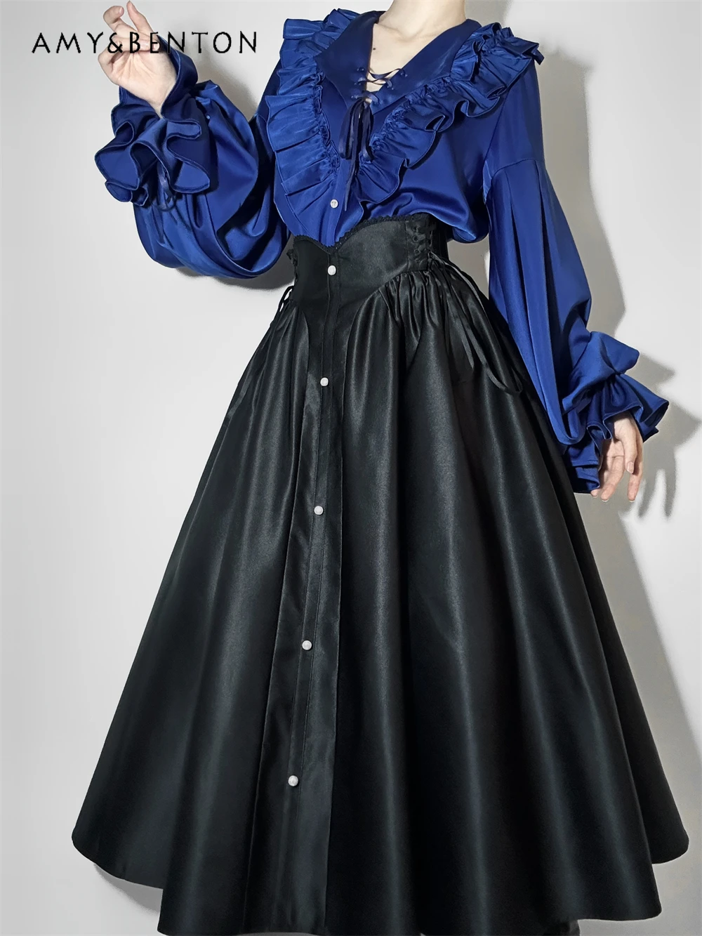 

Elegant Retro Palace Style Gothic Lolita Sweet Temperament Ruffled V-neck Lantern Sleeve Blouse Mid-length Skirt Two-piece Set
