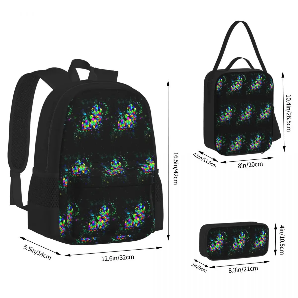 Rubix Rubiks Rubics Backpacks Students Bookbag School Bags Kids Rucksack Lunch Bag Pen Bag Three-Piece Set
