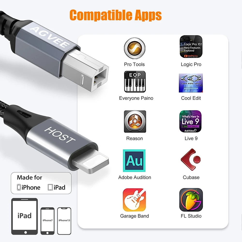 For lightning usb b cable Type B Midi Cable OTG for iPhone 13 iPad to Midi Controller Electronic Music Instrument Drum