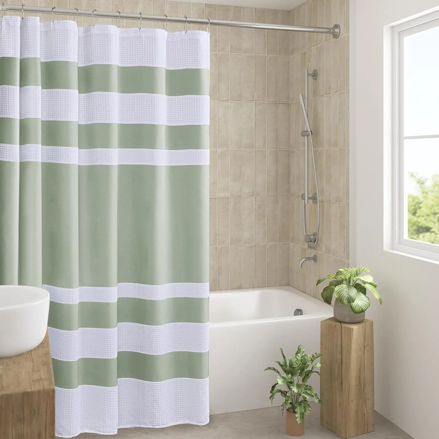 

Spa Waffle Weave Shower Curtain for Bathroom with Moisture Management, Modern Design in Sage Green, Standard 72x72