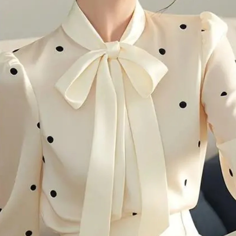 Women Stylish Polka Dots Print Lace-up Bow Blouses Office Lady Elegant Luxury Commute Shirts Spring Autumn Long Sleeve Slim Tops