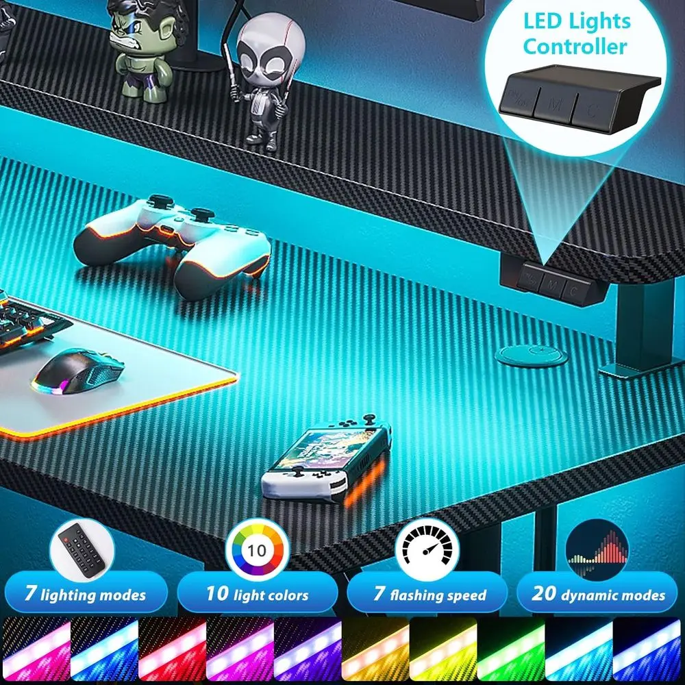 مكتب ألعاب مدمج 32 مضاء بإضاءة LED مع حامل شاشة، تصميم من ألياف الكربون، مثالي لهدايا الألعاب للأطفال والرجال #6