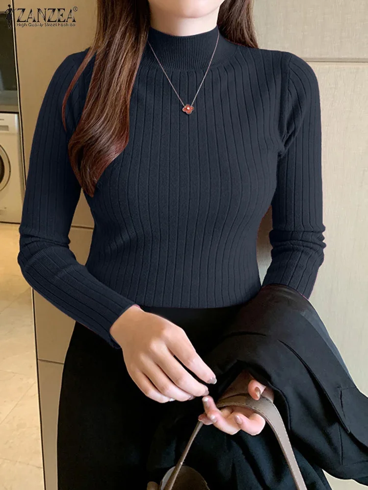 ZANZEA Elegant Women's Knitted T-Shirts 2025 Autumn Comfort Mock Neck Long Sleeve Solid Color Short Pullover Sweaters 6 Colors