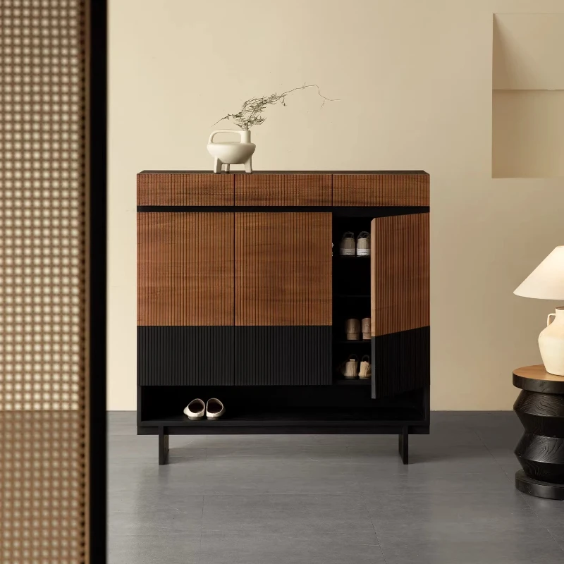 Shoe cabinet Solid wood teak entry porch cabinet Household door Shoe rack storage cabinet integrated against the wall