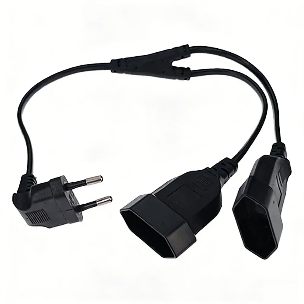 EU CEE7/16 90 Degree Male to Female Dual Output,2 Ways Outlet Extension Cord European 2 Prong M/F Power Splitter Cable