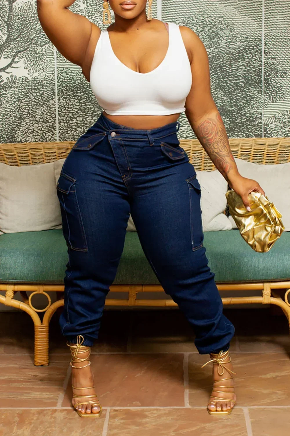 Jeans azul retrô de cintura alta para mulheres, cintura assimétrica com bolso, calça lápis, skinny, streetwear versátil, plus size