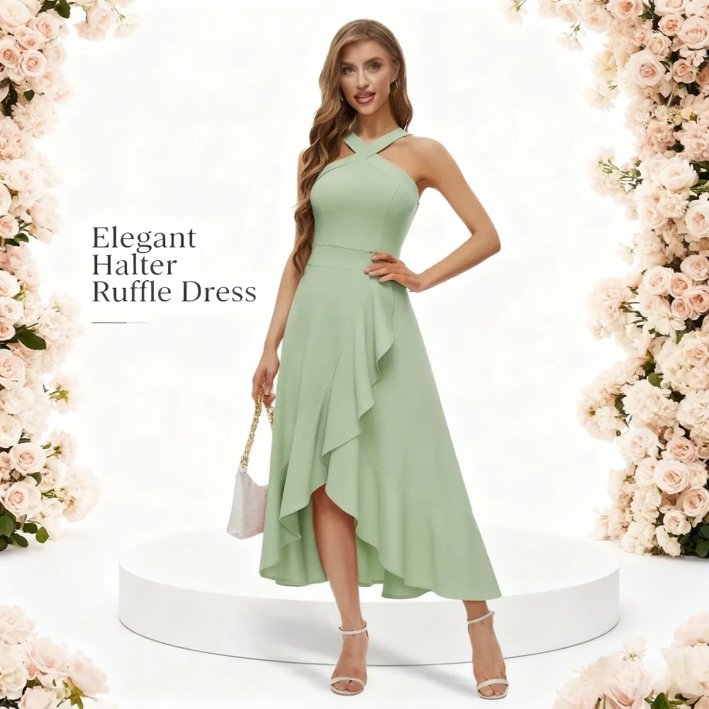Halter Neck Ruffled Evening Gown Women's Elegant & Graceful Style Statement Outfit for Balls