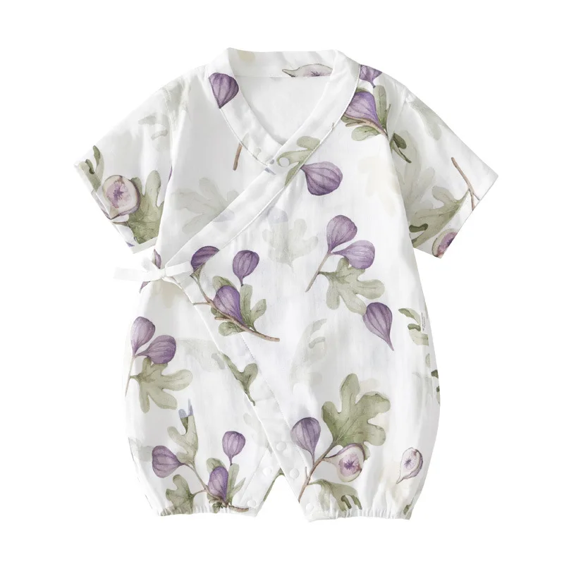 Somenie Newborn Kimono Wrap Romper for Summer Boys Short Sleeves Romper Girls Cute Printed Bodysuit Soft & Comfortable