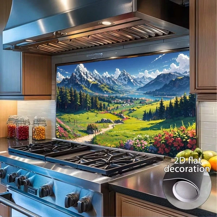 Nature Mountain Forest Print 2D Flat Self Adhesive Sticker Waterproof Wall Decal Decor for Kitchen Bath Office Bedroom