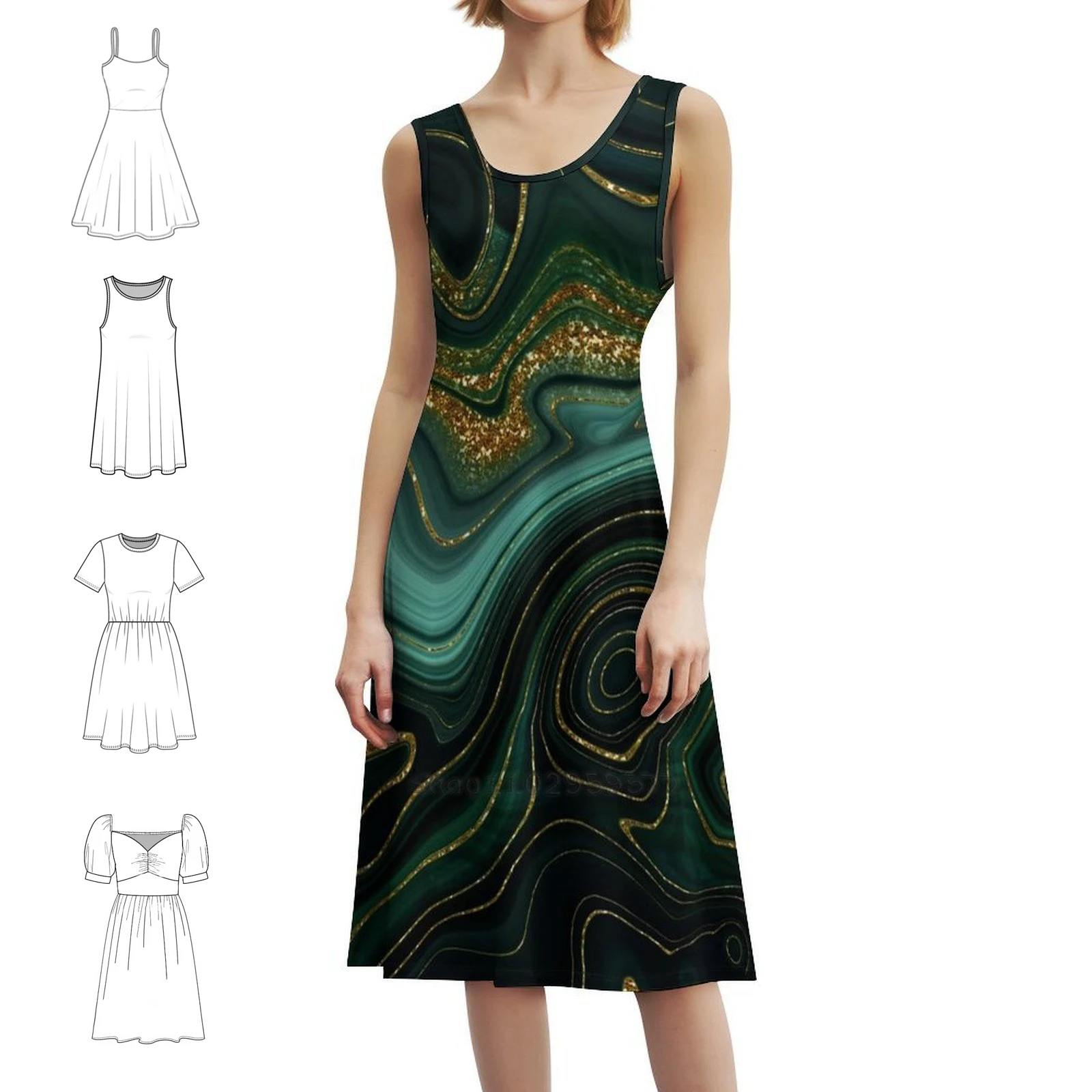 Gold Indigo Malachite Faux Marble Ii Sweetheart Neckline Dress Elegant Summer Party Dress For Women Marble Texture Geode