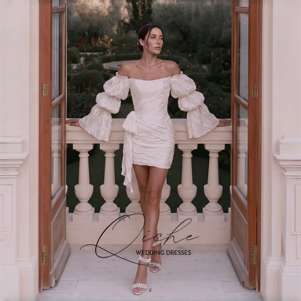 QICHE Simple Taffeta Short Wedding Dresses Long Sleevels Off The Shoulder Pleat Bridal Party Gowns Customized Vestidos De Novia