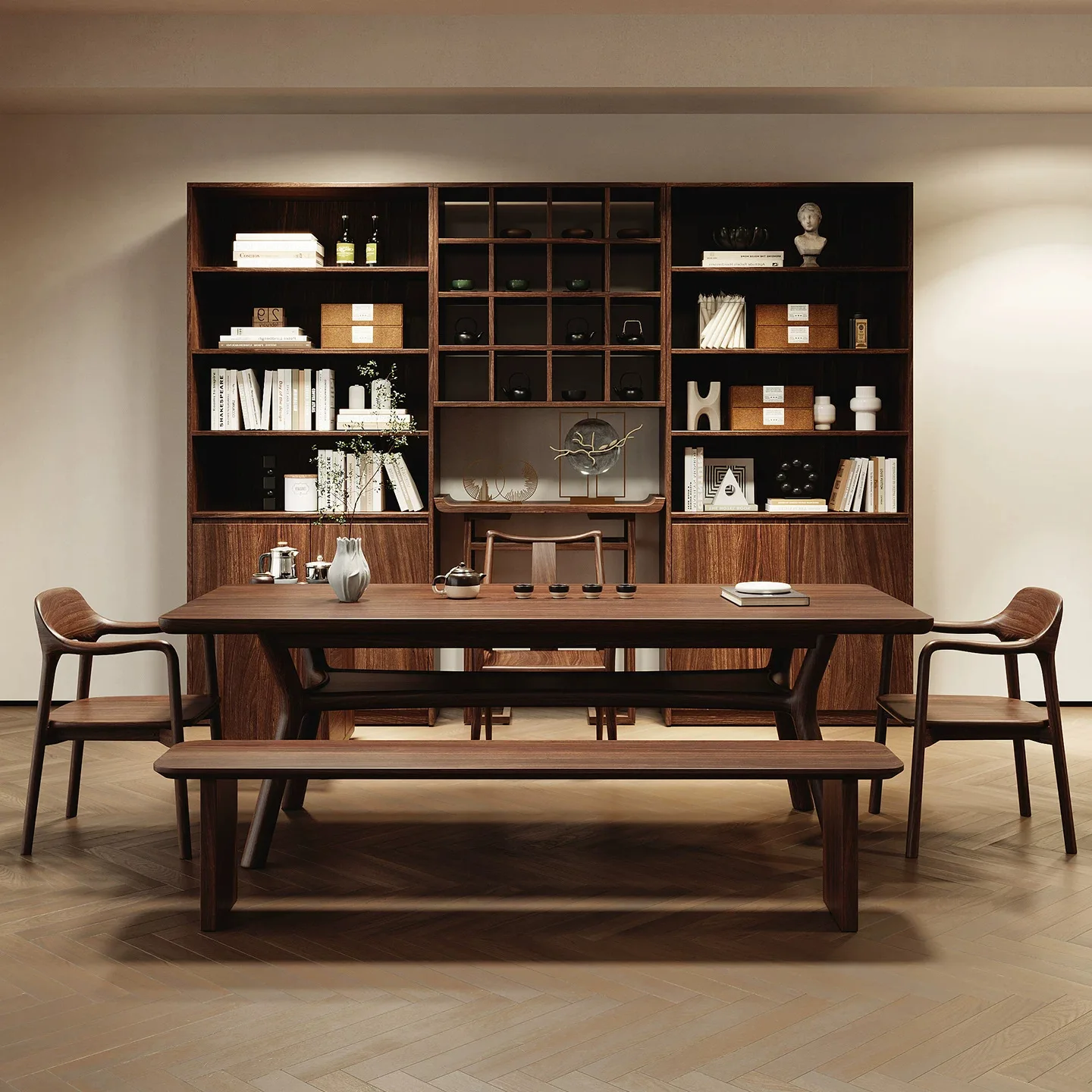 South American Walnut Living Room Porch Cabinet Combination Full Wall Bookcase Integrated Whole Wall Living Room Solid Wood