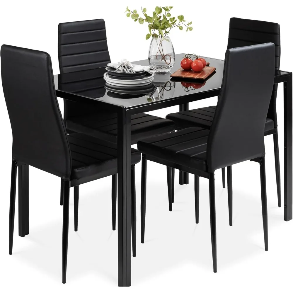 5-Piece Glass Dining Set, Dinette, Compact Space-Saving w/Glass Tabletop, 4 Upholstered PU Chairs, Metal Steel Frame Dining Sets