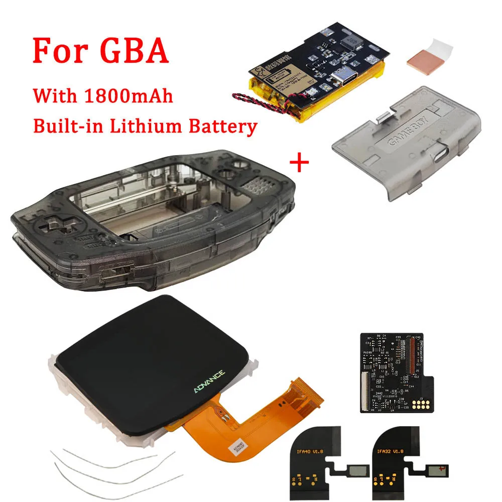 بطارية ليثيوم مدمجة جديدة 1800 مللي أمبير في الساعة مع غطاء بطارية منفذ شحن من النوع C لـ GBA مع طقم شاشة LCD مغلفة مسبقًا IPS V3 V4