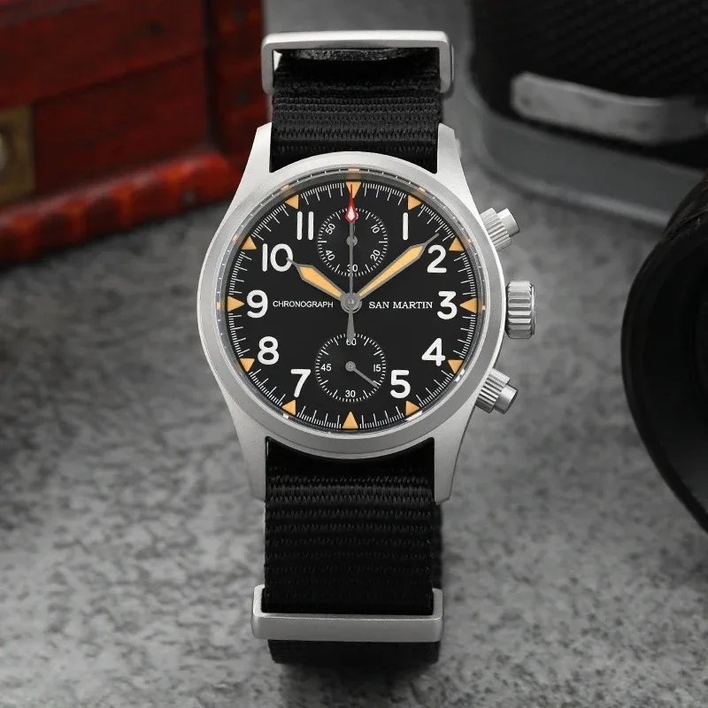 San Martin SN0120W Chronograph Watch Vintage Military Pilot Quartz Movement Watch Bead Blasted Case 100m Waterproof 37mm Watches