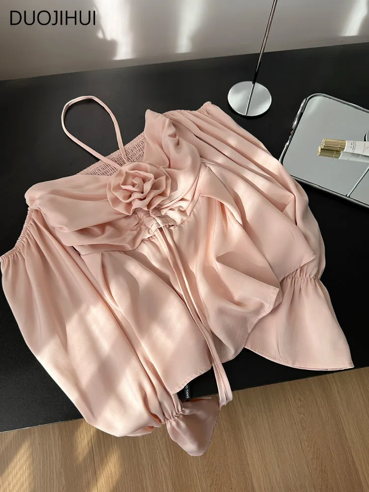 DUOJIHUI White Chicly Halter Sweet Chiffon Casual Female Blouse New Fashion Solid Color Simple Office Ladies Casual Women Blouse