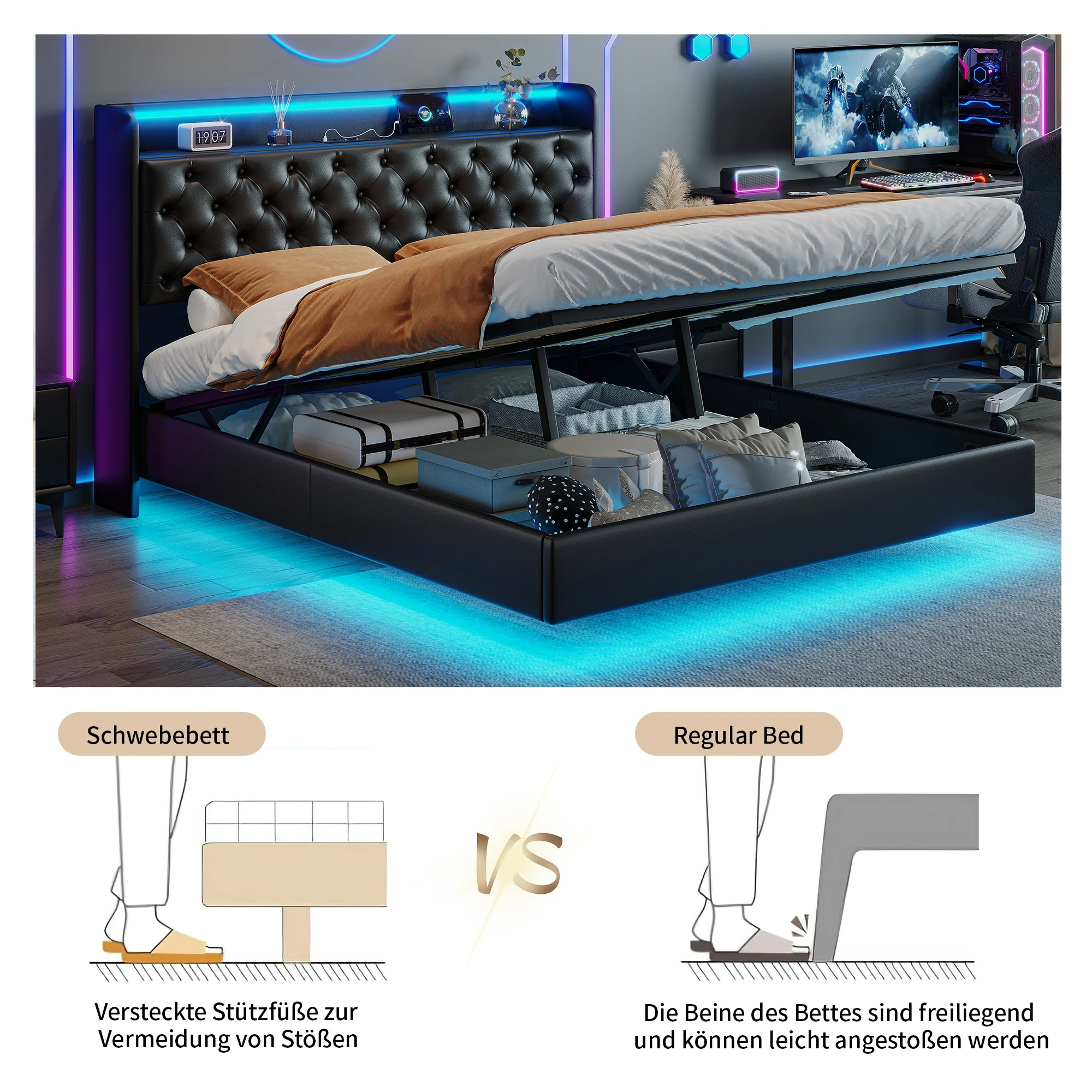 Rosahqnda Polsterbett, Doppelbett mit USB-Ladefunktion, LED-Beleuchtung, Kopfteil mit Stauraum, versteckte Bettfüße, Leder-Finish – Detail 7