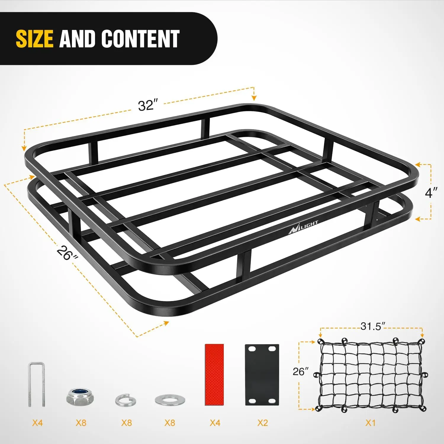 

32”×26”×4” RV Bumper Mounted Cargo Rack Carrier with Net Fits 4-inch or 4-1/2-inch Bumpers Heavy Duty Luggage Holder Basket