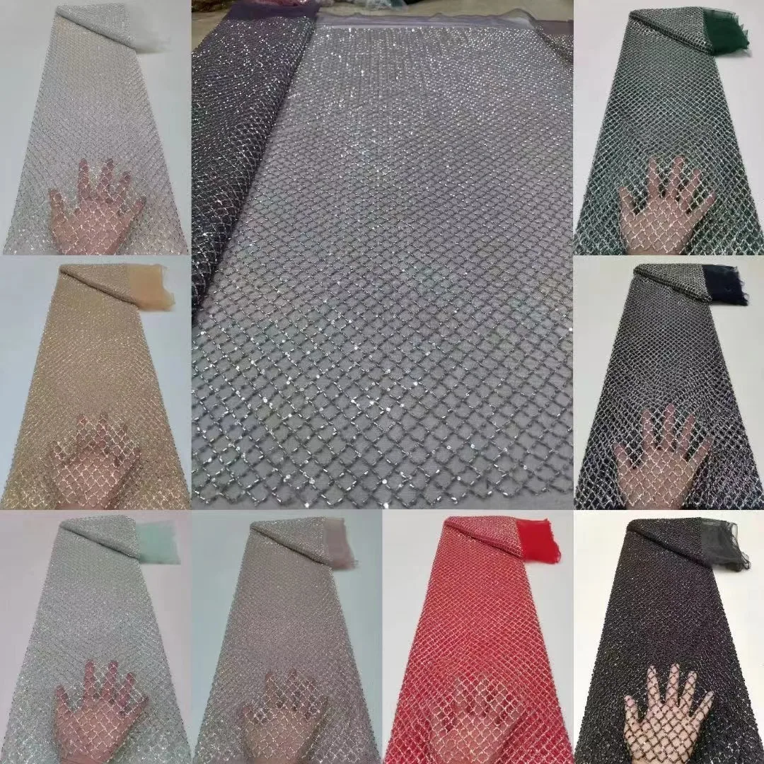 

Luxury African Beads Sequins Lace Fabric 2024 High Quality Embroidery Handmade Sequence Lace Fabric For Bridal Material 5 Yards