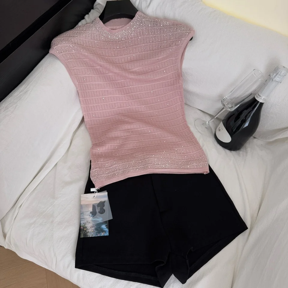 Gilet tricoté coupe cintrée pour femmes, vêtements d'extérieur décontractés avec strass scintillants, pour les déplacements d'été, rose