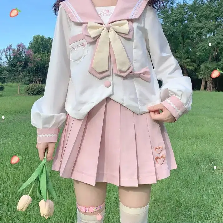 Uniforme escolar japonés para niña, traje de marinero dulce y lindo, falda larga rosa, ropa de materiales de alta calidad, disfraz de Anime COS