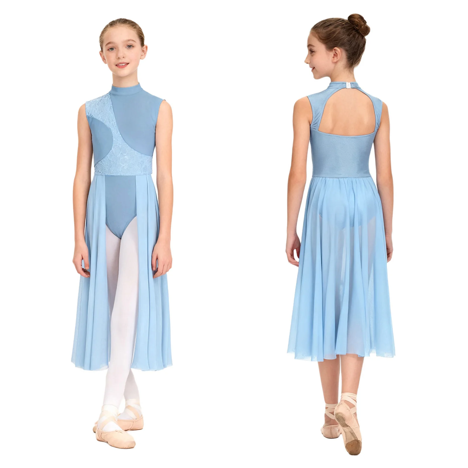 

Kids Lyrical Modern Contemporary Dance Dress for Girl Figure Skating Ballet Performance Costume Sleeveless Leotard Mesh Dress
