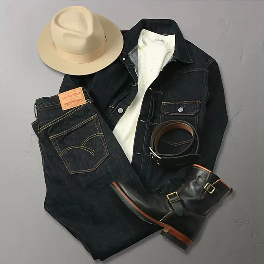 THE FLAT HEAD14.5oz vintage shuttle loom woven red-eared jeans! Square scarf included