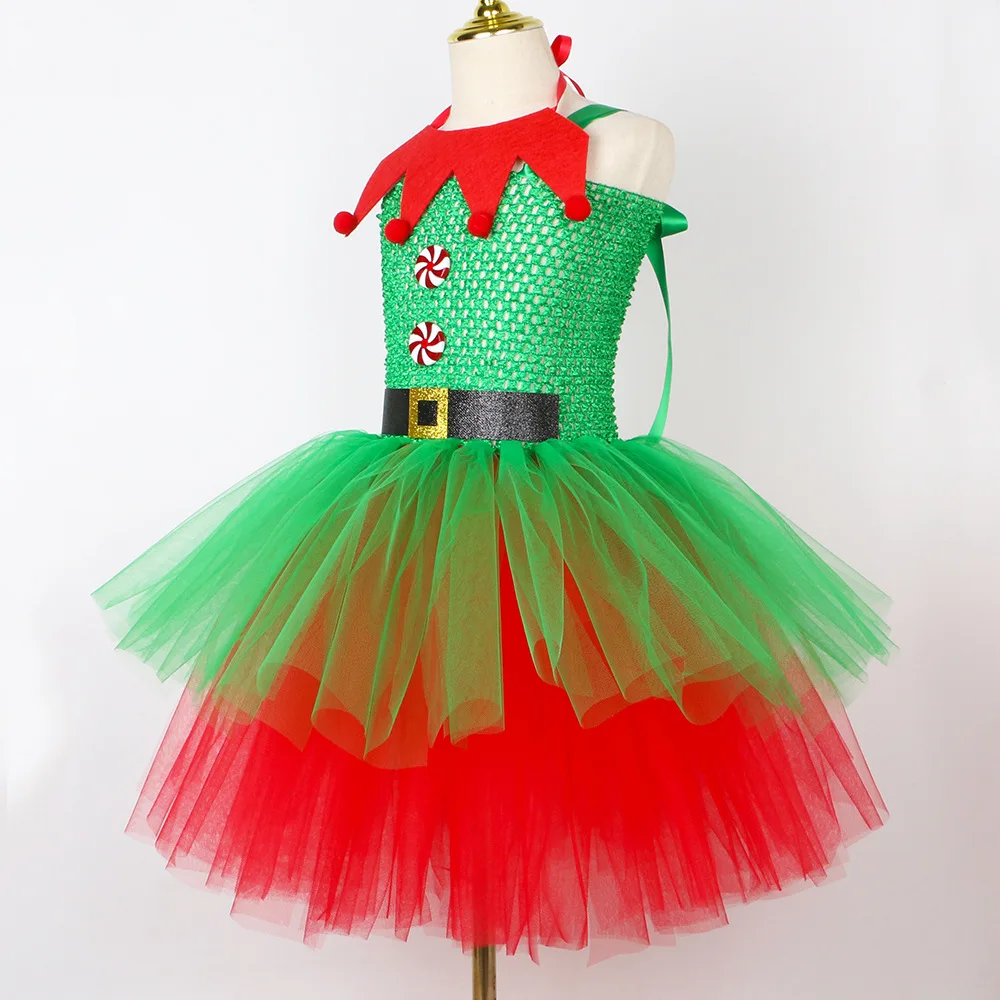 Christmas Mesh Tutu Dress Matching Outfit Multi-tier Puffy Festive Gown Stage Gala Holiday Gathering Stretch Waist Airy Skirt
