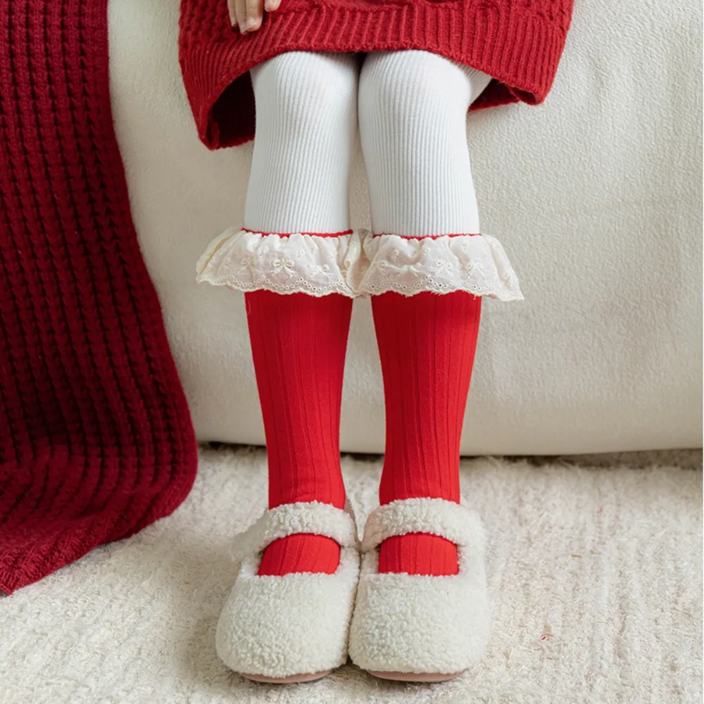 

Kawaii Female Hosiery New Year Red Socks Bow Lace Children Red Socks Cotton Middle Tube Socks Women
