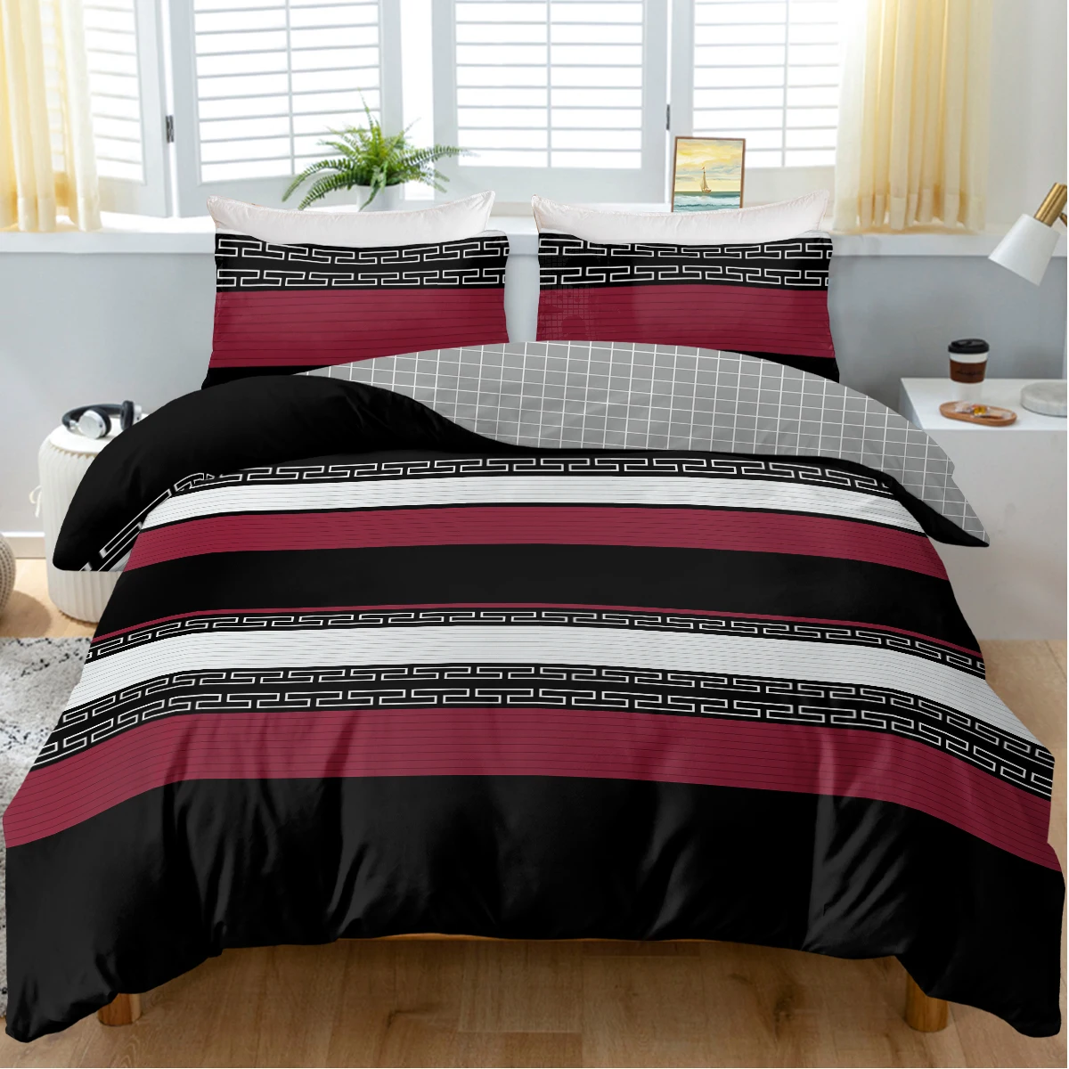 3pc Red Black and White Stripe Design Bedding Set Quilt Cover with Zipper Closure 1 Duvet Cover and 2 Pillowcases