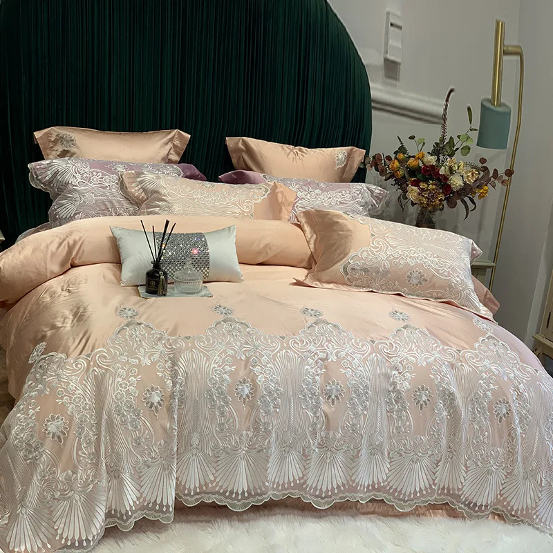 Korean Lace Girls' High end 4pcs Set High Precision Brocade Cotton Luxury Princess Wedding Lace Bedding Set Duvet Cover Set