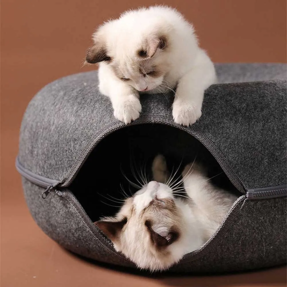 Donut Cat Tunnel Bed Pets House Natural Felt Pet Cat Cave Toys Round Wool Felt Pet Bed For Small Dogs Cat Interactive Play Toys