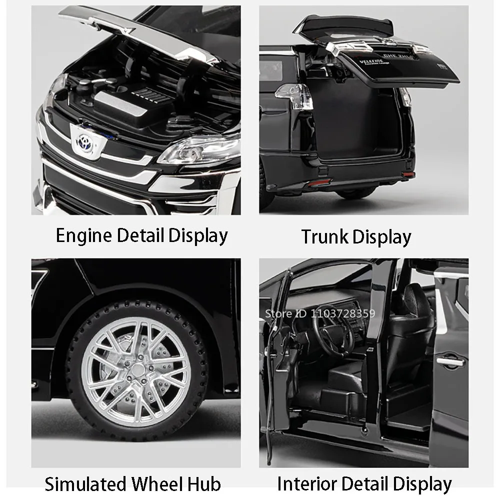 1:32 Vellfire LM300H MPV Model Speelgoedauto's Legering Diecast Deuren Geopend Trek Geluid Licht Prachtige Interieur Decoratie Auto Speelgoed