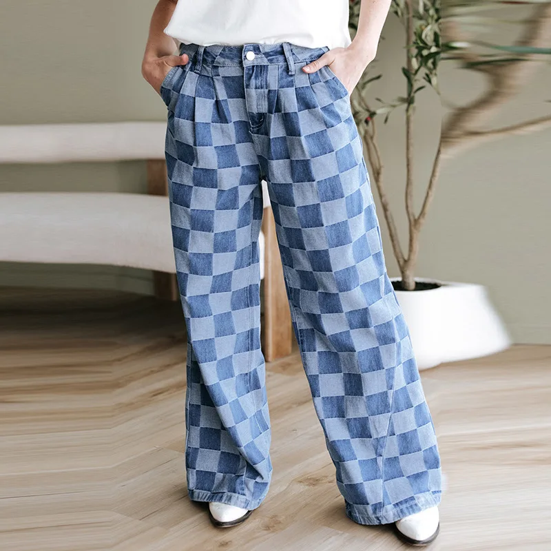 

Style Personality Trendy Checkerboard Print Jeans for Women 2025Autumn New High Waist Loose Wide Leg Pants for Women