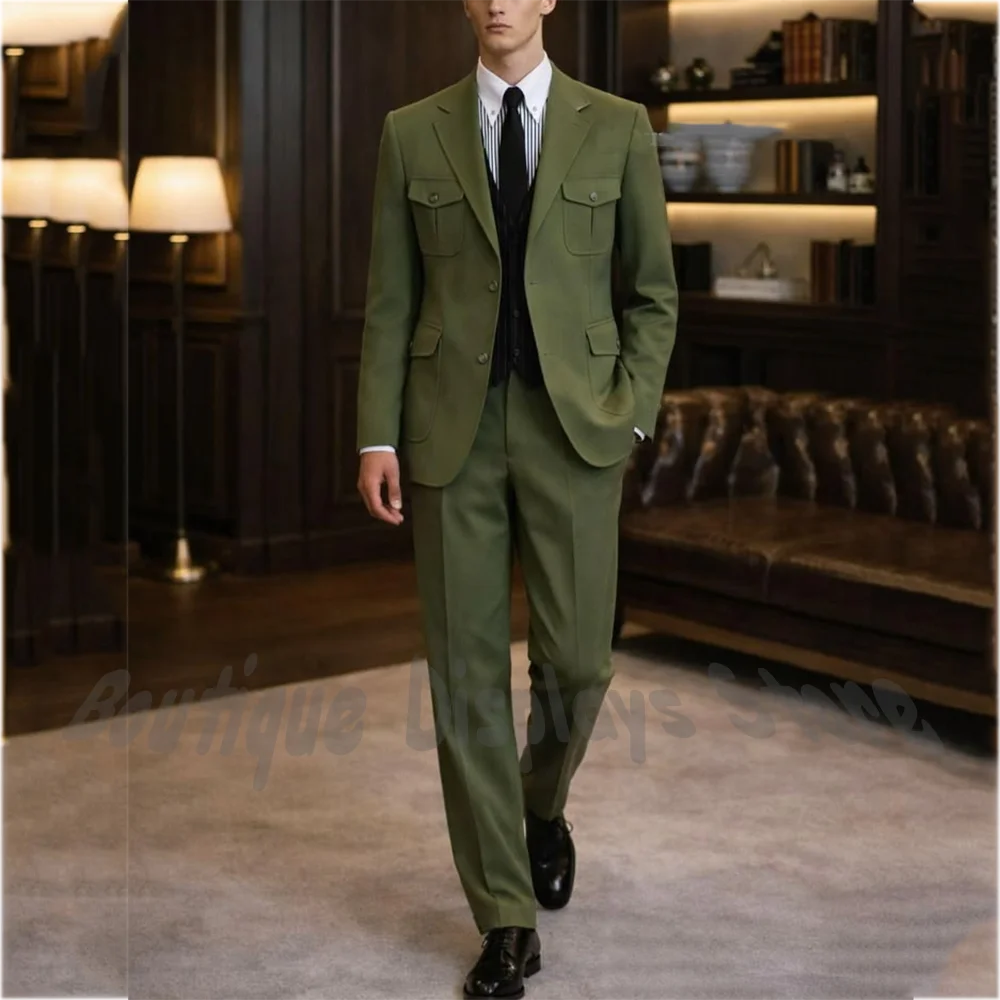 Formal Men Suit Notch Lapel Multi Pocket Safari Style Blazer Slim Fit Pants 2 Pieces Business Casual Party Outfit Costume Homme