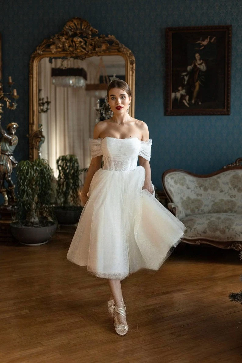 Elopement Dresses Tea Length Bridal Short Wedding Dress Off The Shoulder Tulle Sparkling Dresses Simple A Line Dress Wedding