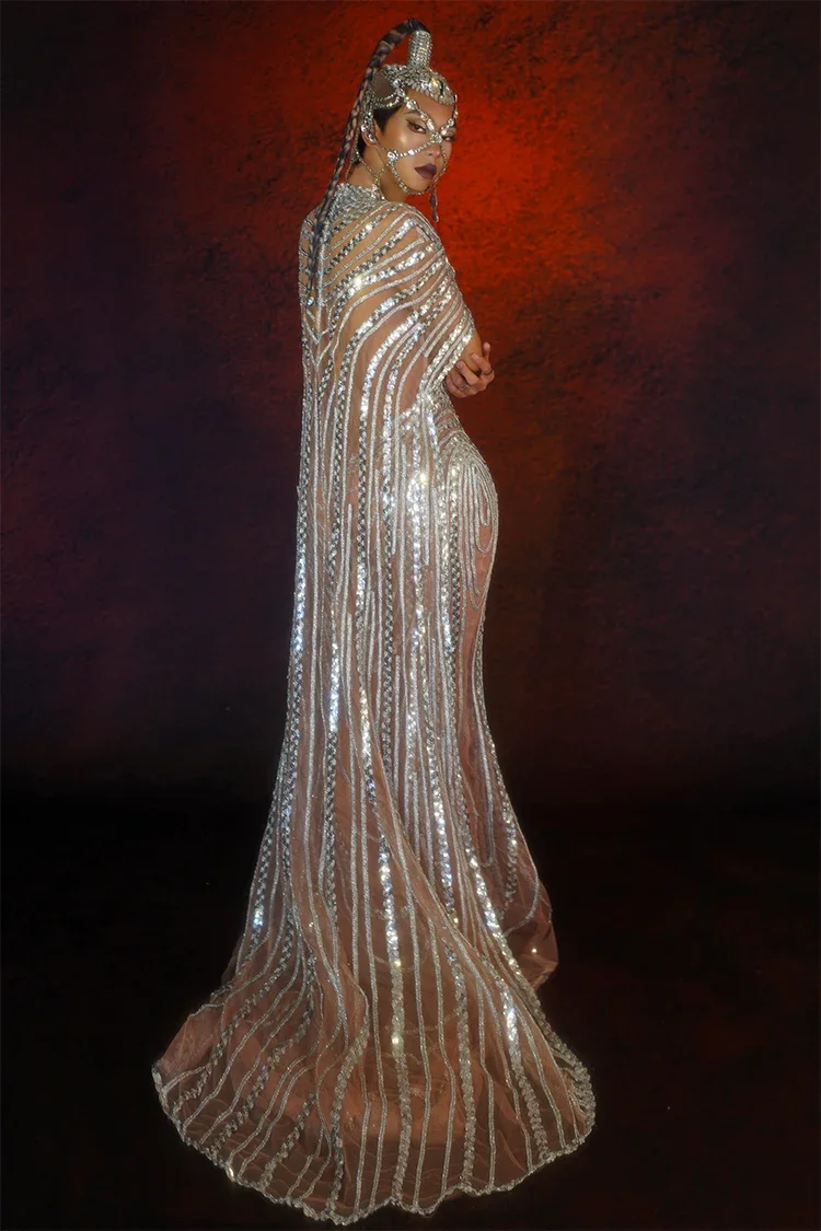 Robe en maille transparente à paillettes pour femmes, tenues de soirée, fête d'anniversaire, sexy, Drag Queen, 303, scène de performance