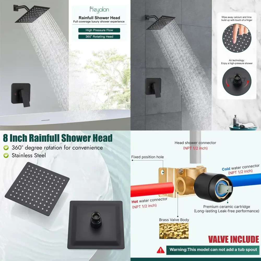 

8 Matte Black Square Shower Faucet Set with Rainfall Showerhead and Single Function Trim Kit