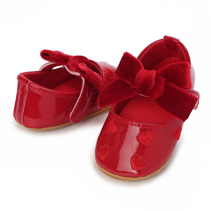 Red Shiny Leather Princess Flat Shoes For Chinese New Year Rubber Soled Non Slip Learning Shoes Baby's Birthday Gift Shoes