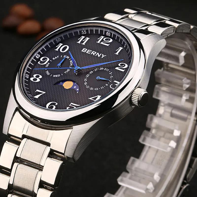 Men Luxury Watch Fashion Japan Quartz Movement Chronograph Moon Phase Date and Day Stainless Steel Case Waterpoof Gift Business