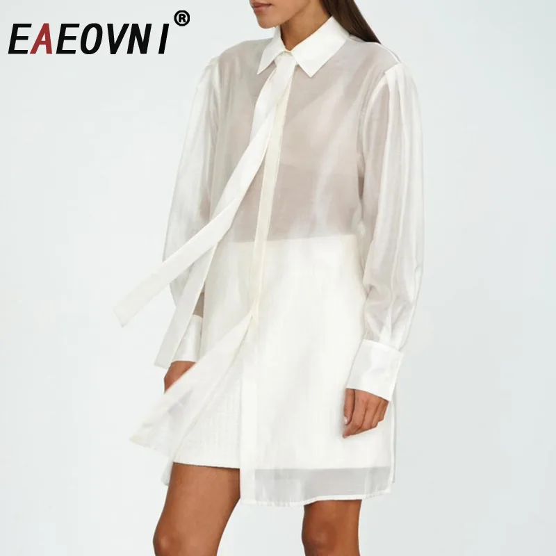 

EAEOVNI Summer Sunscreen Transparent Shirt Women Casual White Button Mid Length Blouse Fashion 2025 New Clothing 1A1214