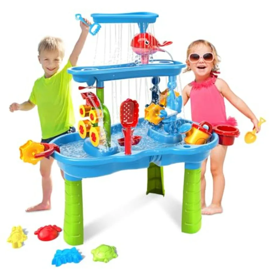 

Water Table for Toddlers 3-5 3-Tier Outdoor Water Table Toys with Rain Showers Splash Pond, Sensory Play Table in Blue Plastic