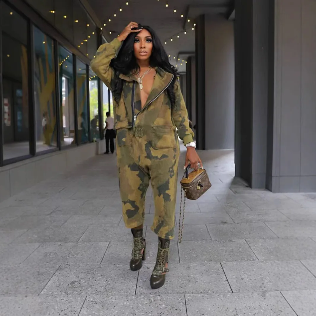 Casual Hooded Camo Jumpsuit Women One Piece Outfit 2024 Autumn Winter Street Pocket Pant Female Bodycon Luxury Elegant Jumpsuit