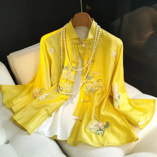 2025 yellow retro button embroidered shirt for women summer improved chinese cheongsam tang suit top casual thin jacket