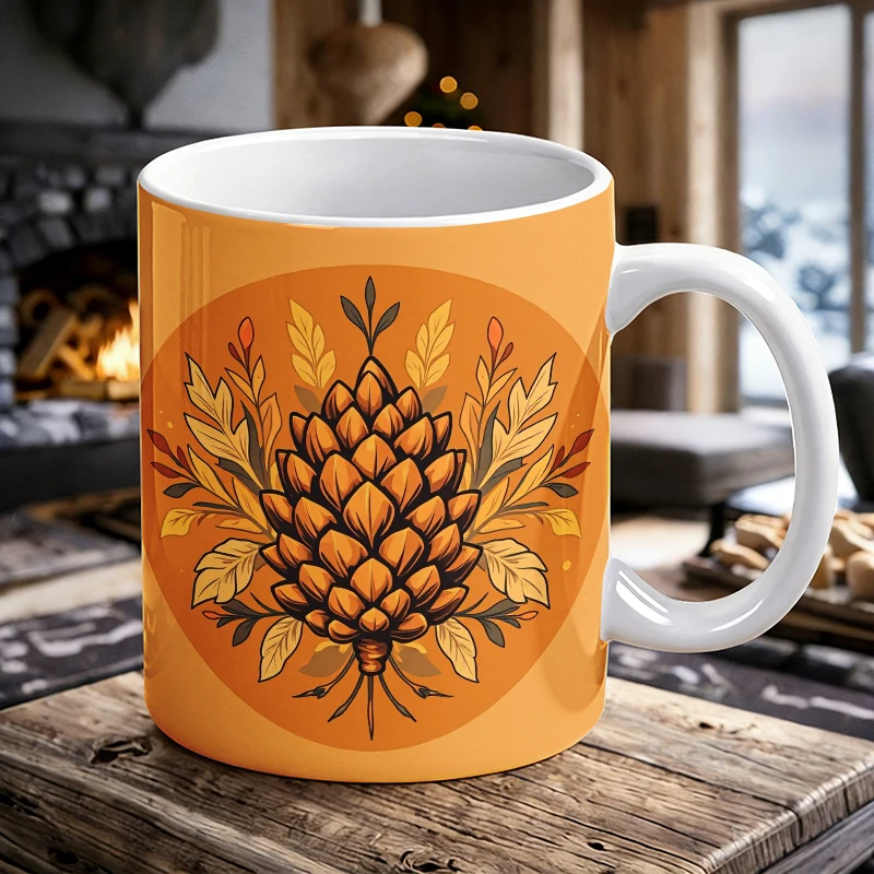 

11 oz Artistic Pinecone Handle Ceramic Mug, Full-Print Pattern Coffee Cup, Insulated Milk Mug, Office Water Cup, Fade-Resistant