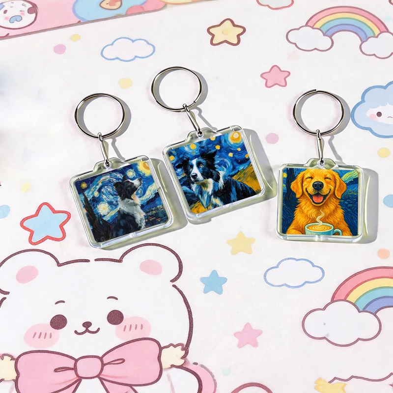 Van Gogh Dog Starry Night Creative Acrylic Keychain Handmade Hanging Clothes Backpack Decoration Accessories Gifts with Friends
