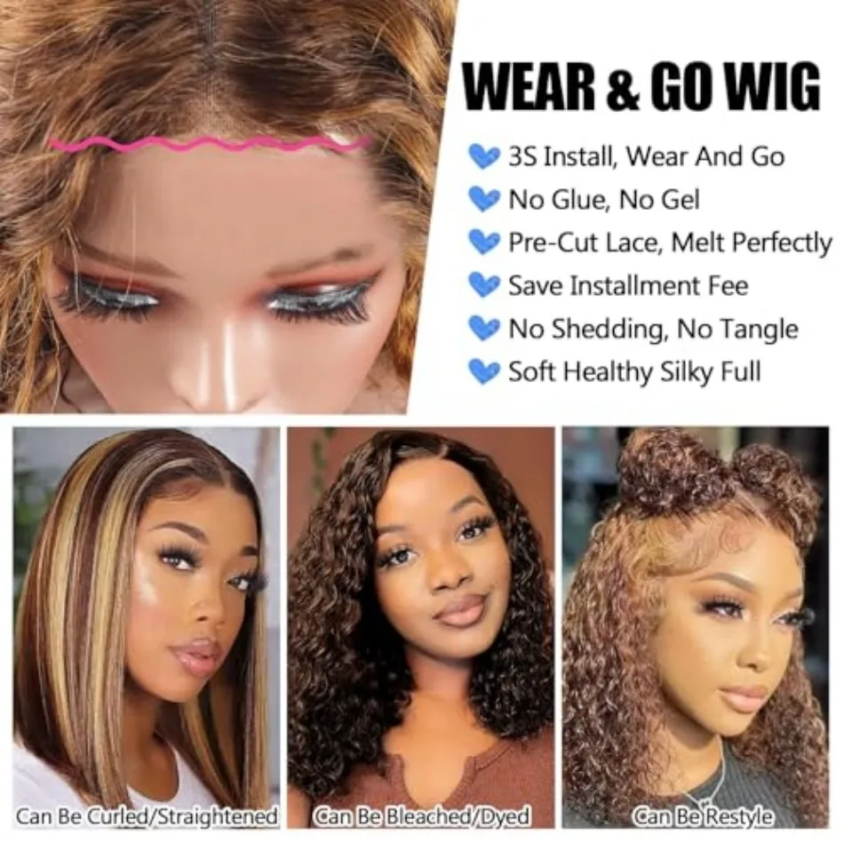 Deep Wave Bob Wig Human Hair Glueless Highlight 5x5 HD Lace Front 220% Density 4/27 Colored Ombre Wear and Go Human Hair Wigs image 5