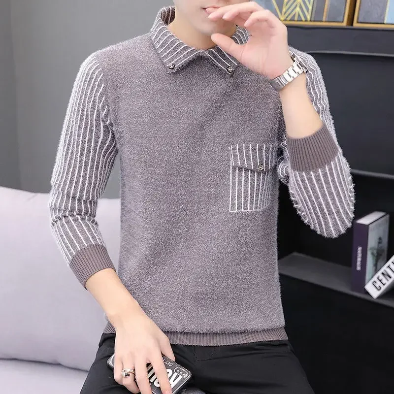 

Fashion Striped Button Pockets Fake Two Pieces Sweaters Men's Clothing 2024 Autumn Winter Casual Pullovers Knitted Striped Tops