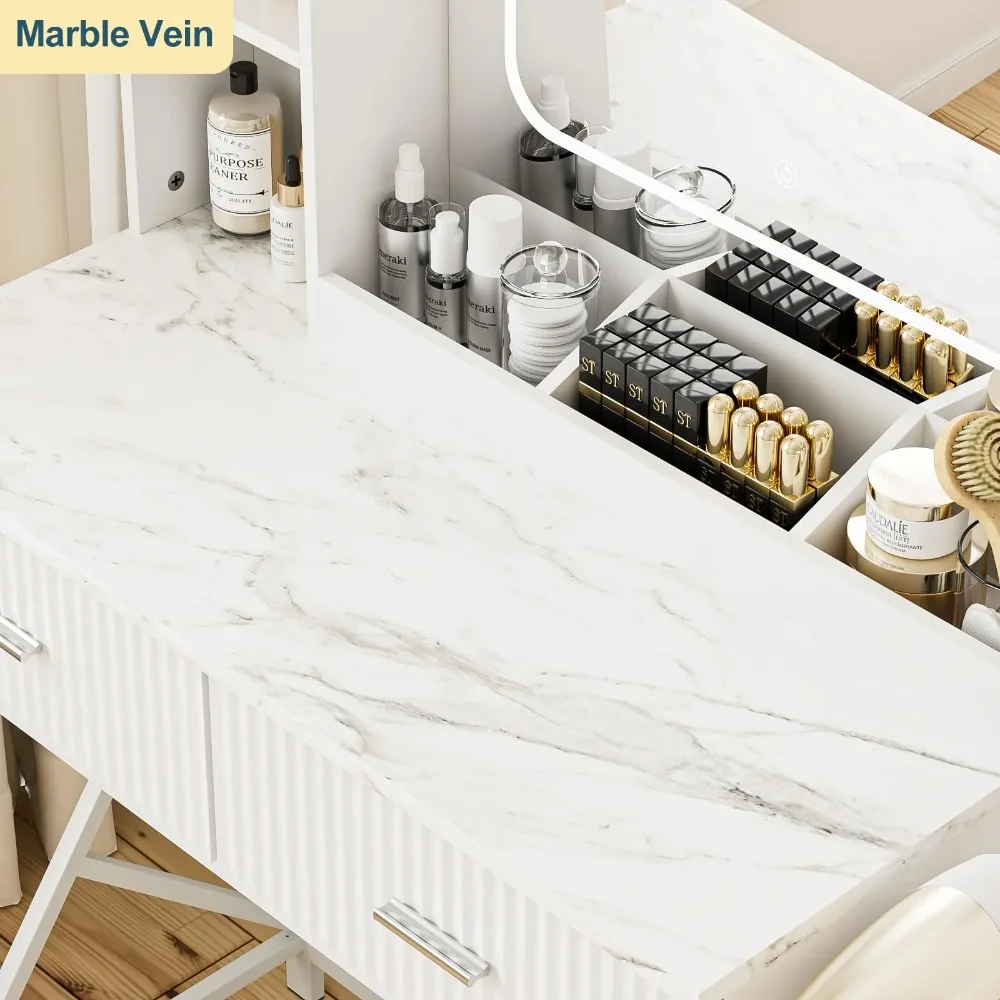 Vanity Desk moderno con specchio, Vanity per trucco per adulti con luci LED regolabili tricolore, 2 cassetti, 3 ripiani per camera da letto