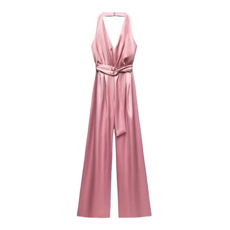 

Summer New Women's Long One-Piece Suit Belted Ne Hanging Effect Silk Surface Matching Belted Wide Leg Pants High Waist
